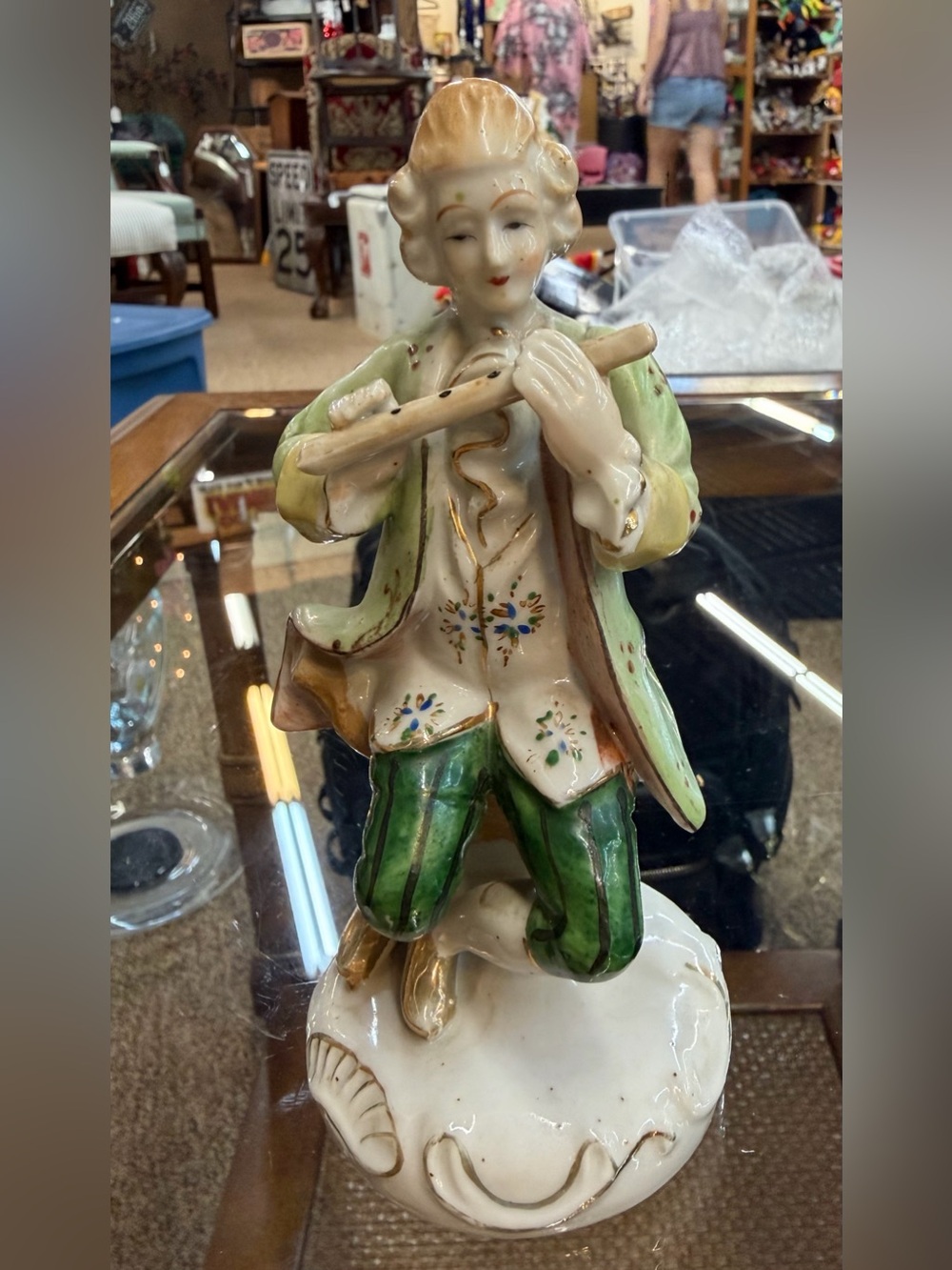 Occupied Japan Musician Colonial Seated Man Playing Flute / Recorder 6" Figurine